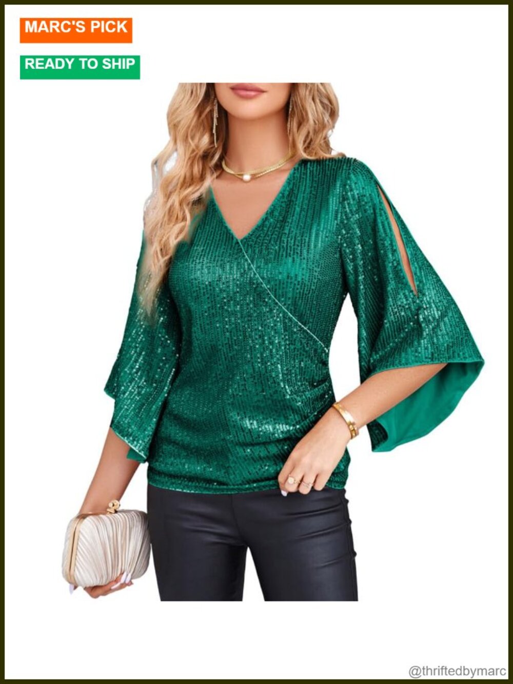 Sequin Top Sparkly Party Blouse V-Neck 3/4 Bell Sleeve Slim Fit
